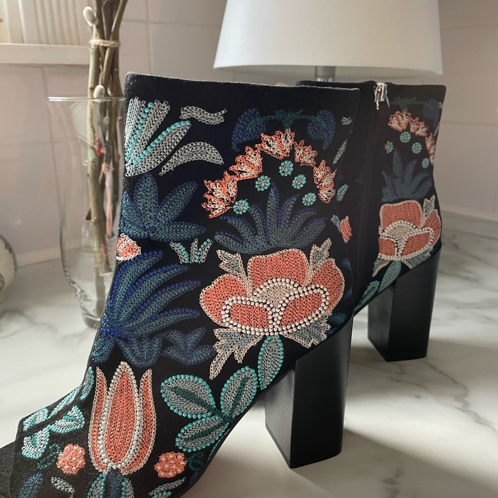Rebecca Minkoff Floral Embroidered Open Toe Ankle Boots
